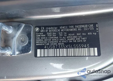 2005 BMW Z4 2.5I from USA, damaged, VIN 4USBT335X5LS55943